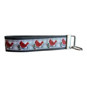 Cardinal Plaid Keychain Wristlet Handmade Key FOB Gray Winter Scene Bird Present
